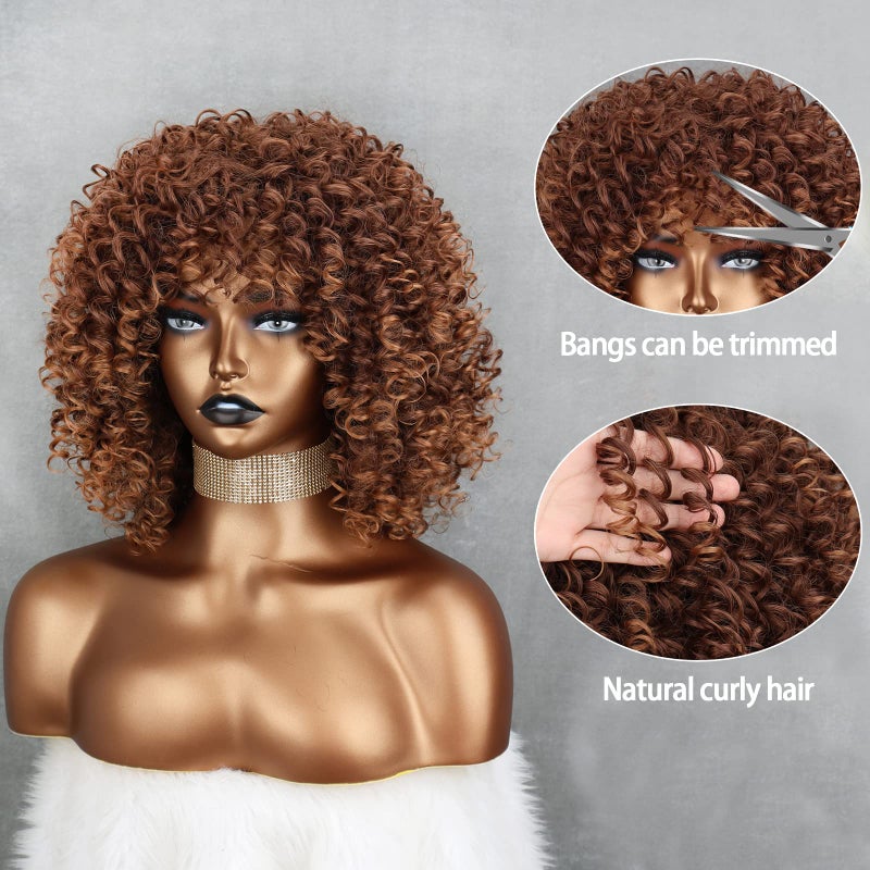 Xinran Brown Curly Afro Wig for Black Women,Short Kinky Curly Wig with Bangs,Synthetic Afro Full Hair Wig 14inch(Light Brown) - Image 3